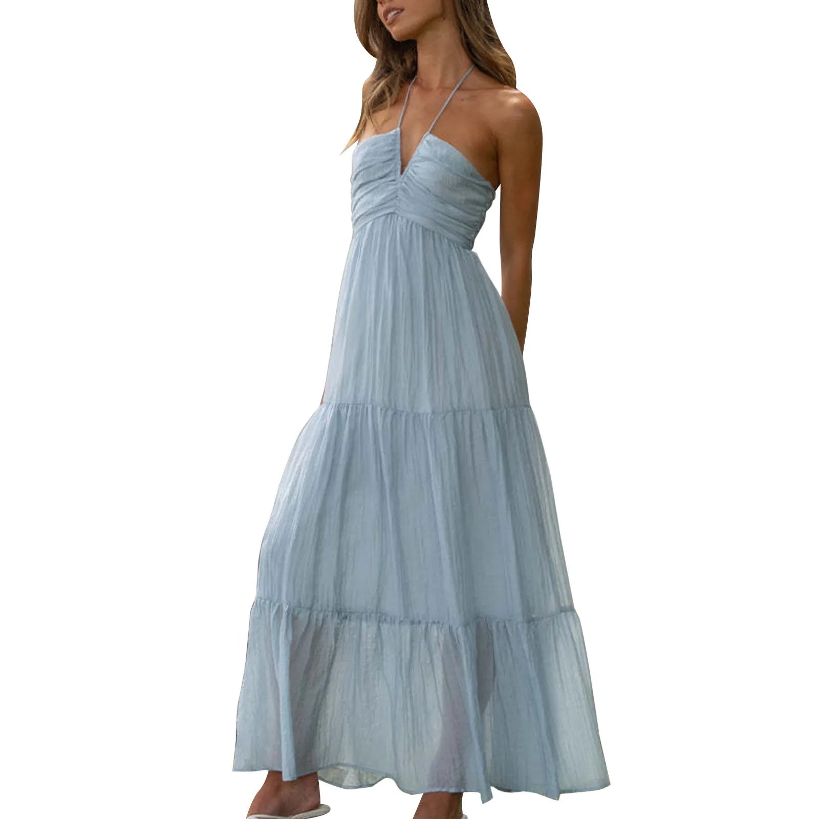 Summer Holiday Maxi Dress Women Spaghetti Strap V Neck Chic Sleeveless Floor Length Flowing Dresses Vacation Beach Long Dress