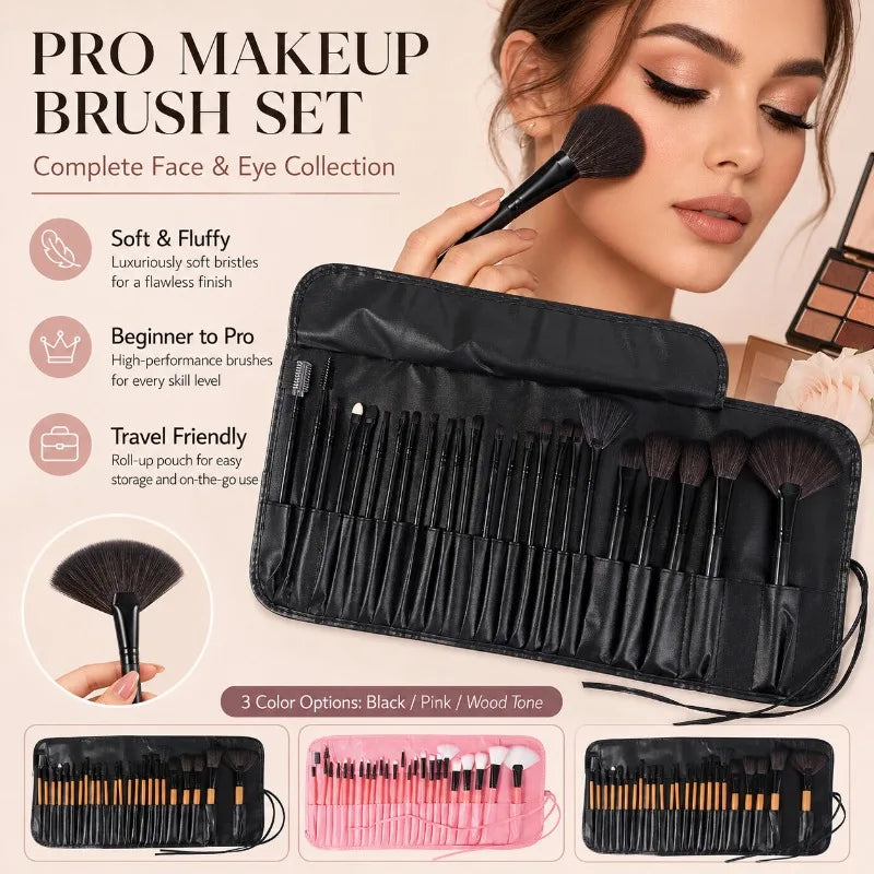 Full Makeup Brushes Set for Beginners Pros Soft Synthetic Powder Blush Contour Eyeshadow Brow Tools with Storage Bag Beauty Kit