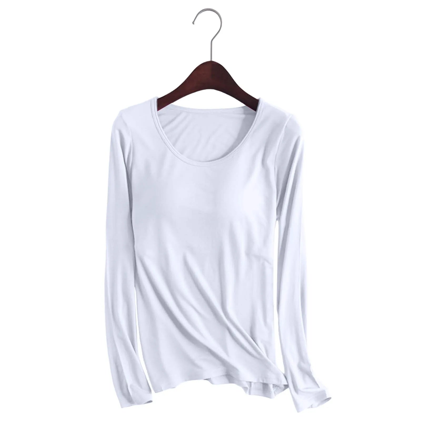 Women's Long Sleeve Bottoming T Shirt Yoga Pajama Top Chest Pad With Built In Bra Solid Color Cotton Long Sleeve Tee Shirts
