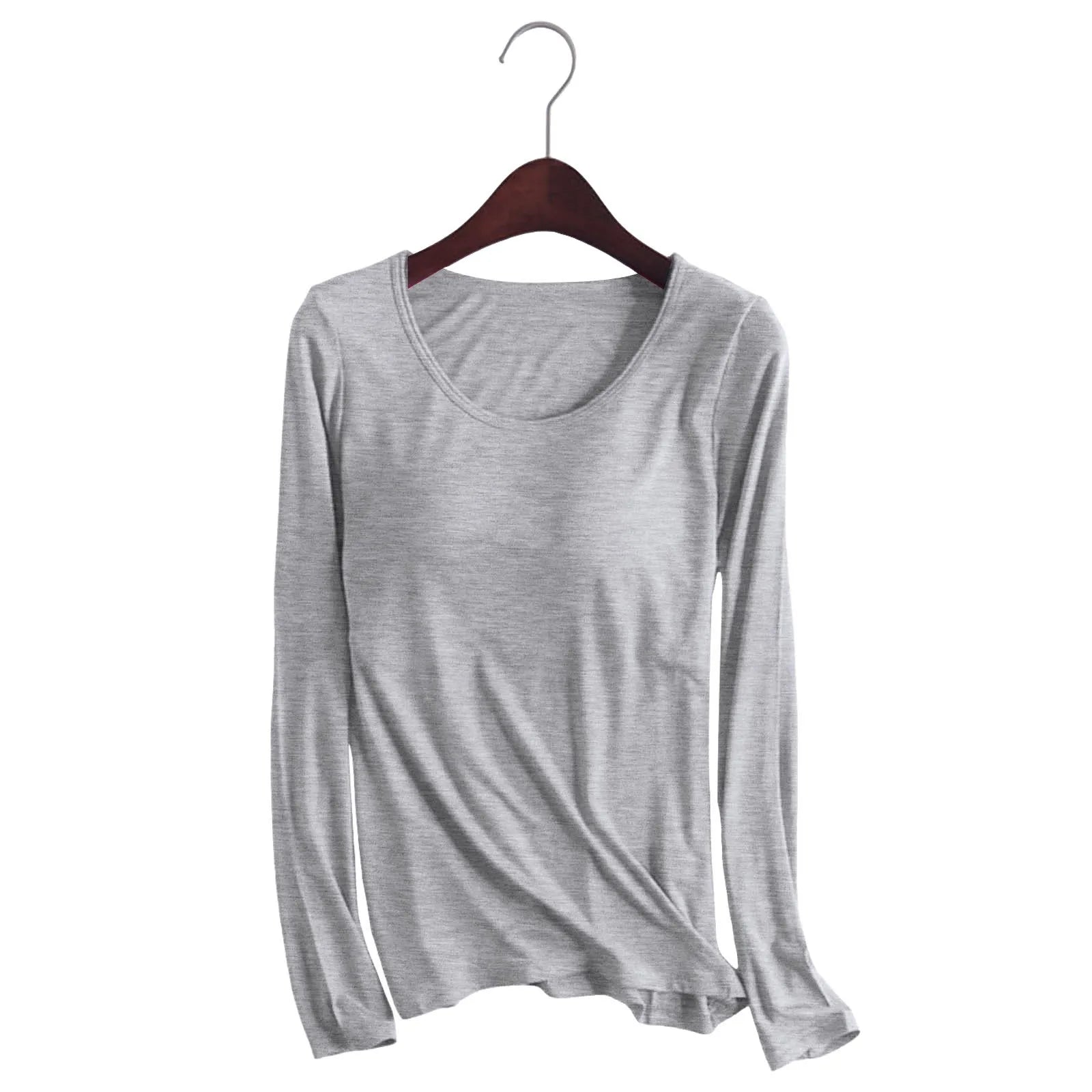 Women's Long Sleeve Bottoming T Shirt Yoga Pajama Top Chest Pad With Built In Bra Solid Color Cotton Long Sleeve Tee Shirts