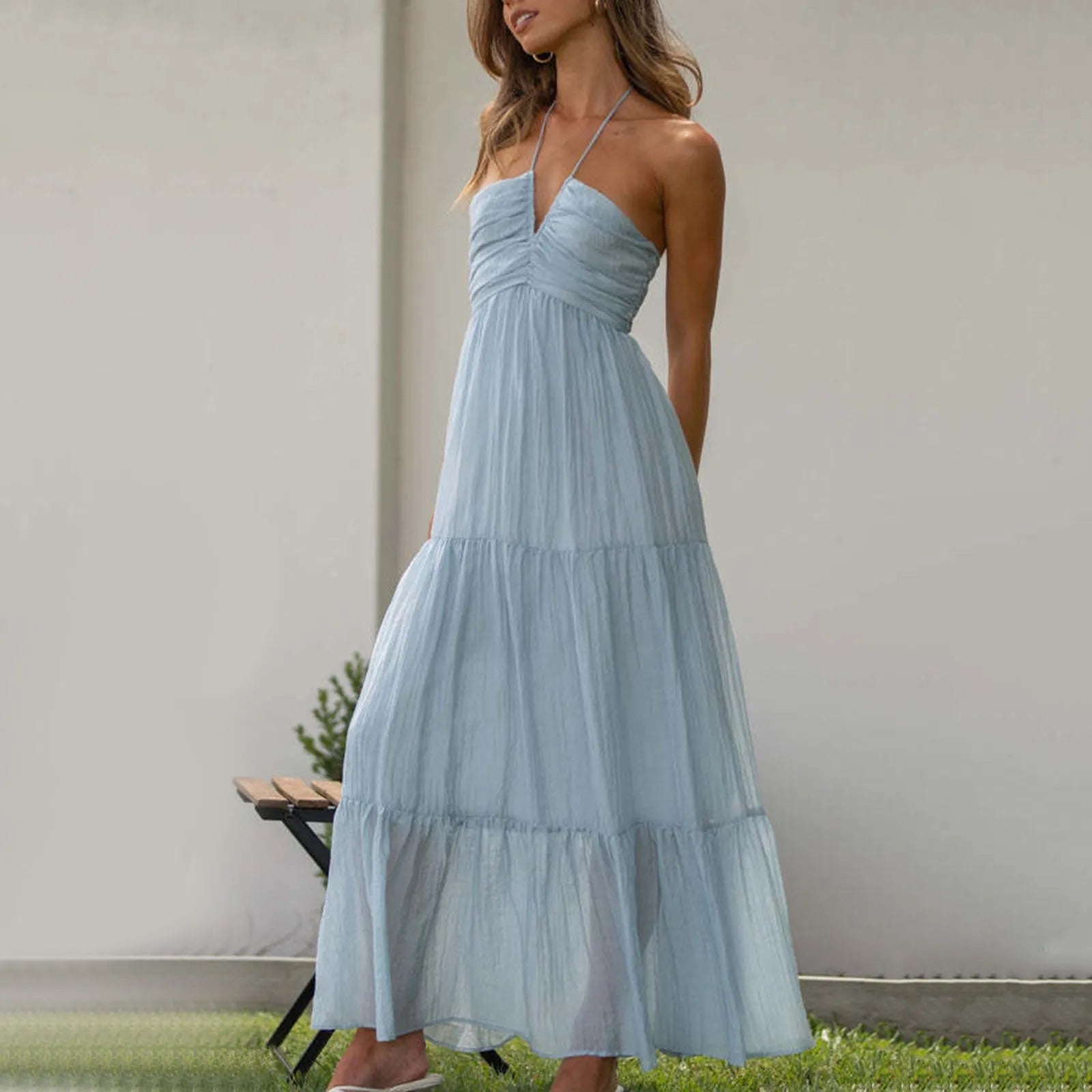Summer Holiday Maxi Dress Women Spaghetti Strap V Neck Chic Sleeveless Floor Length Flowing Dresses Vacation Beach Long Dress