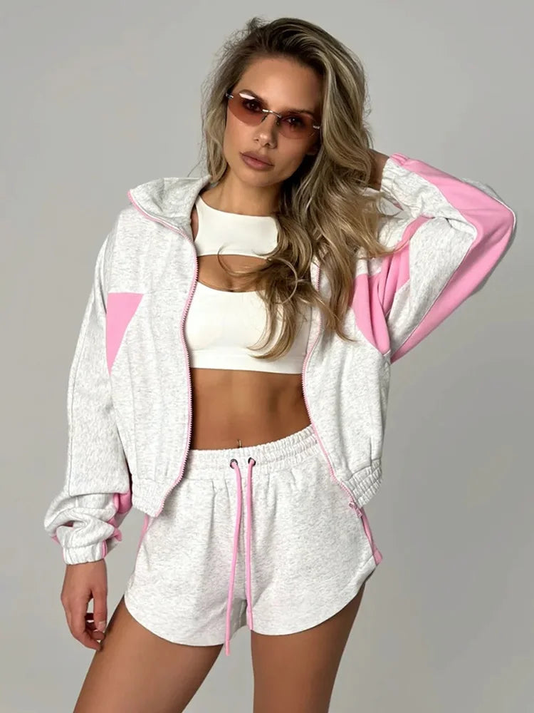 Women Nylon Panelled Lapel Long Sleeve Coats Shorts Sets  Street Zipper Ruched Loose Jacket Elastic Waist Shorts 2026 Chic Outfi