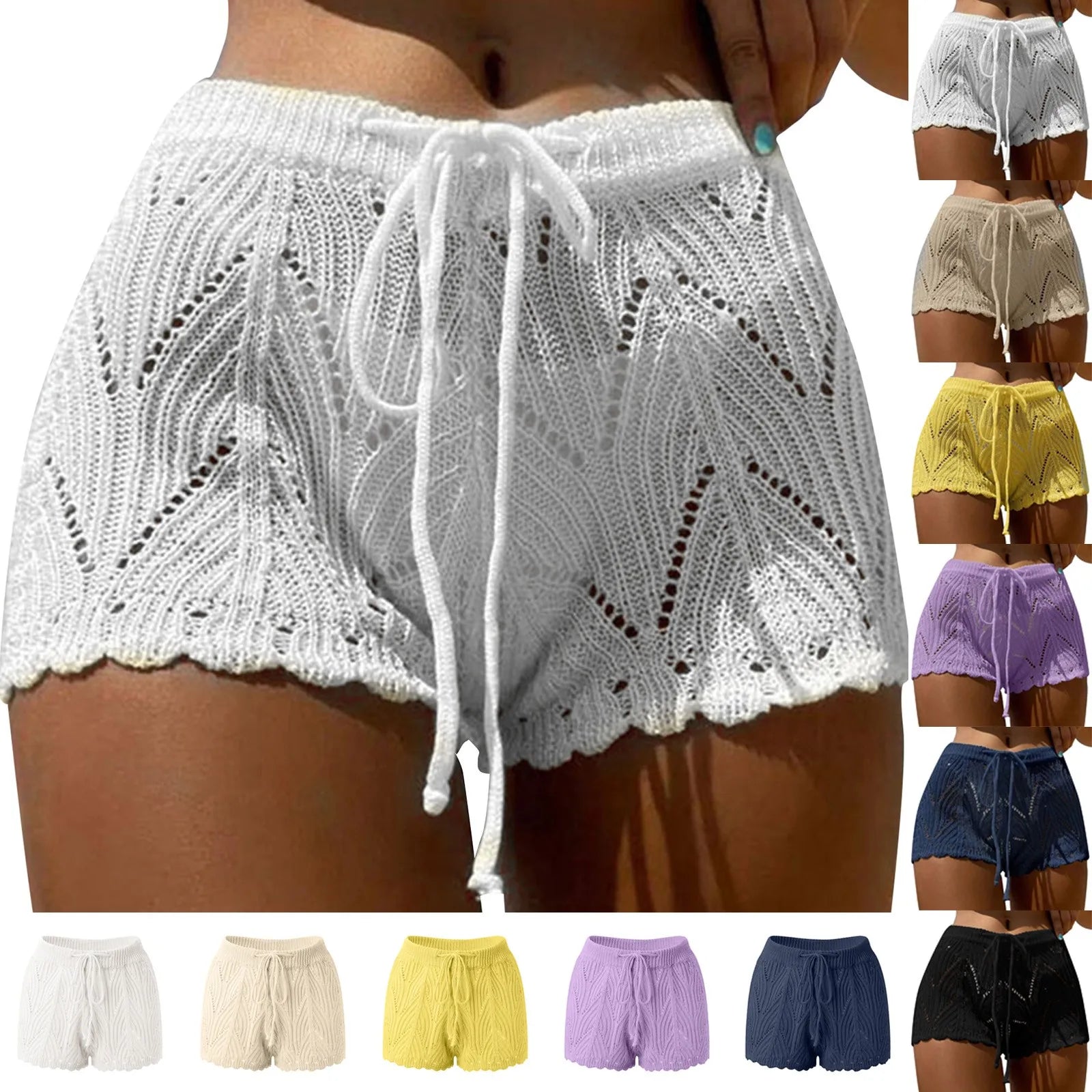 2026 New Hollow Out Crochet Knit Swim Shorts Drawstring Elastic Waist Women Summer Sexy Beach Cover Ups Shorts Swimwear Sarong
